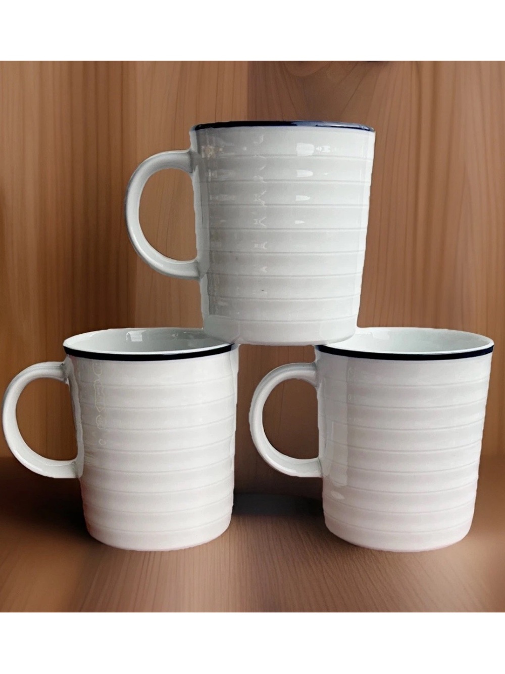 Crate & Barrel Roulette Blue Band Ribbed Mugs~Spal Porcelain~White SET OF 3